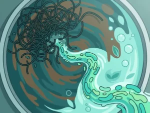 Filamentous bacteria tangling in murky wastewater treatment basin as microbial cultures restore water clarity.