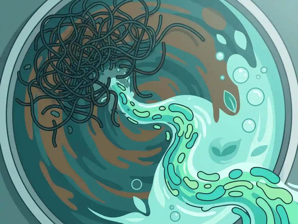 Filamentous bacteria tangling in murky wastewater treatment basin as microbial cultures restore water clarity.