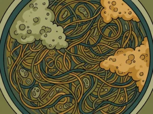 Filamentous bacteria overtaking a wastewater treatment settling tank, with foamy surface buildup, illustrated in muted amber and teal tones from overhead.