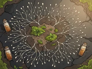Cracked industrial soil with white fungal mycelium threads spreading across dark earth, glass vials of amber liquid, and green seedlings emerging from remediated ground.