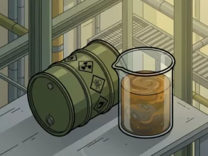 Industrial hazard drum beside a glass beaker of murky brown sludge with microbial colonies on a concrete facility floor.