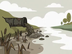 Industrial drainage pipe discharging dark sludge into a river, with dead reeds, clouded water, and a clean green riverbank beyond.