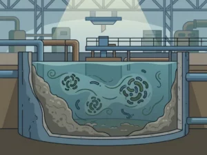 Industrial wastewater tank with gray-brown sludge buildup on walls, bacterial clusters swirling in murky water inside a treatment facility.
