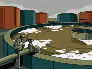 Technician in protective gear inspecting a pipe valve beside murky industrial wastewater treatment tanks with foam buildup.