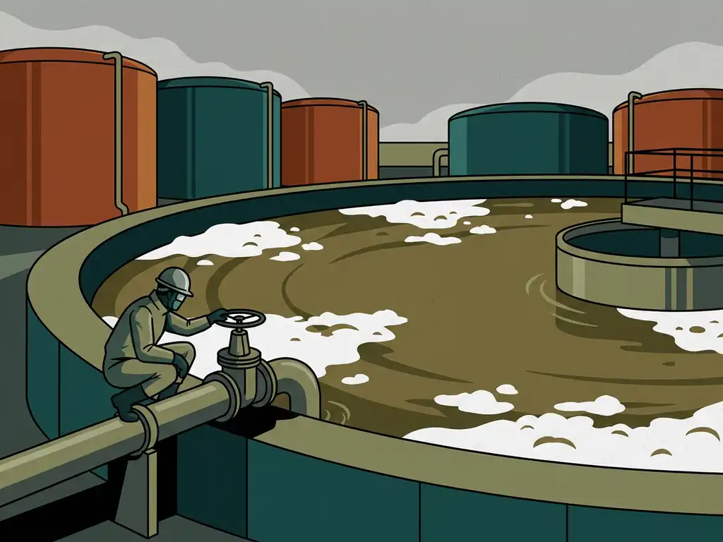 Technician in protective gear inspecting a pipe valve beside murky industrial wastewater treatment tanks with foam buildup.