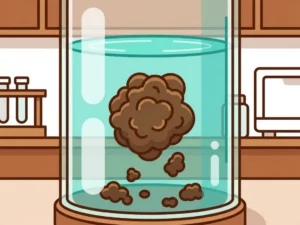 Dark-brown microbial floc clusters settling through clear water inside a cylindrical glass bioreactor in a laboratory setting.