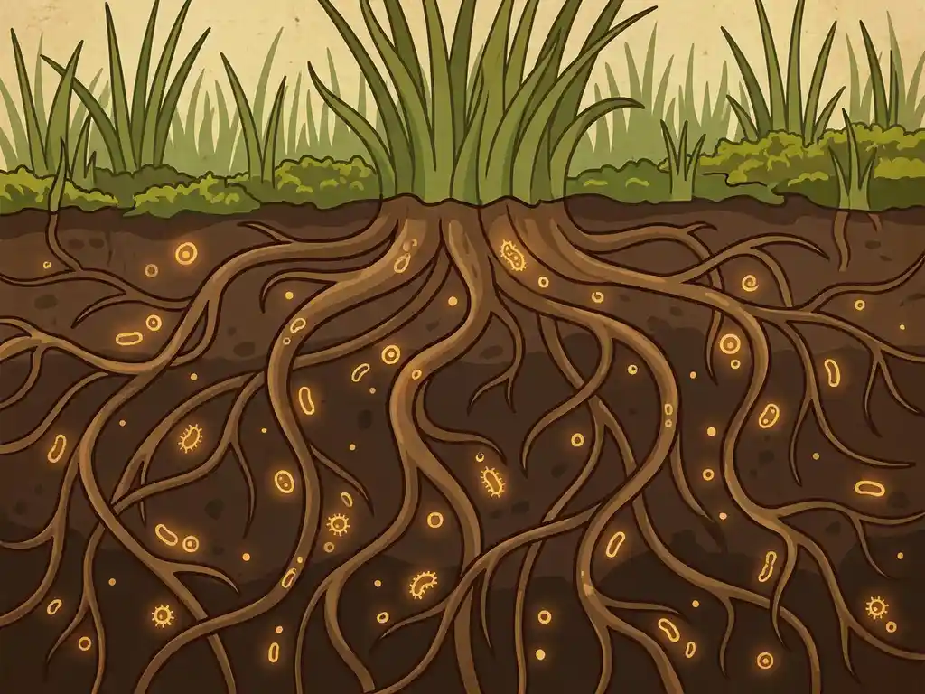 Cross-section illustration of glowing amber microbial networks spreading through dark soil beneath a green meadow, revealing underground biological activity.