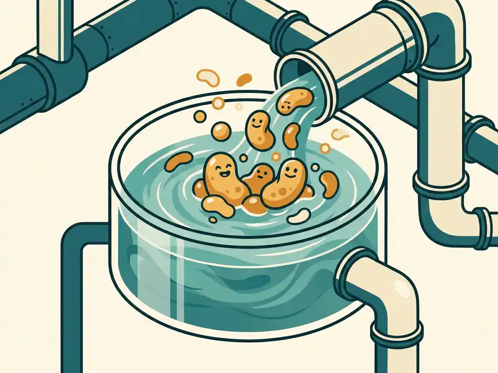 Stylized microbial cells with bold outlines thriving in a clear wastewater treatment basin surrounded by industrial pipes and organic bubbles.