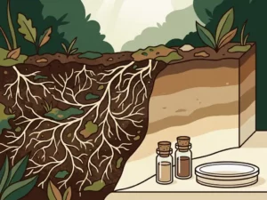 Mycelium threads spreading through contaminated soil beside a clean layered cross-section, with glass vials and a petri dish at the surface.