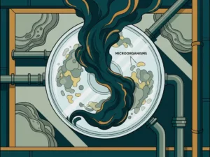 Dark nitrogen-rich water plume disrupting microbial colonies in a teal treatment tank, with industrial pipes and biofilm layers visible from above.