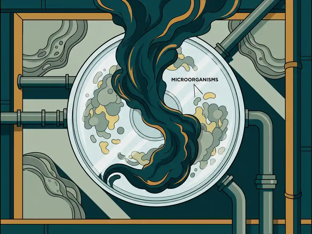 Dark nitrogen-rich water plume disrupting microbial colonies in a teal treatment tank, with industrial pipes and biofilm layers visible from above.