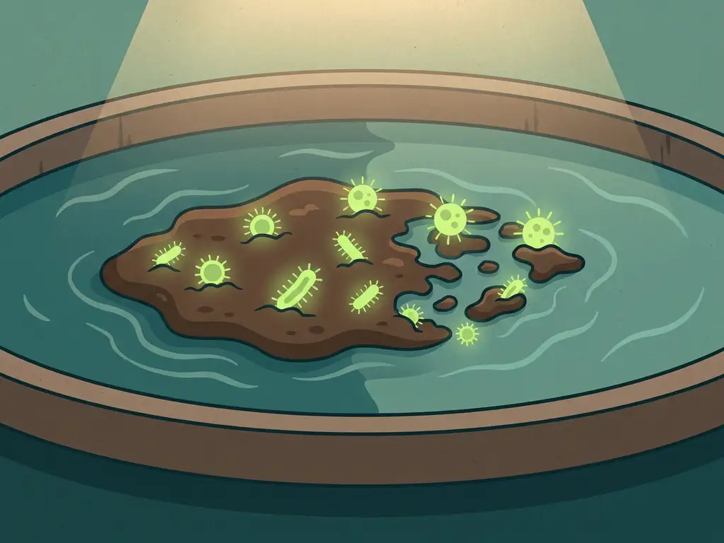 Glowing microorganisms breaking down dark sludge biomass in a teal wastewater treatment basin, flat vector illustration style.