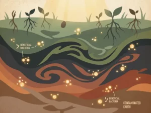 Contaminated brown soil cross-section transforming into healthy dark earth, with glowing bacterial colonies and re-emerging roots under warm light.