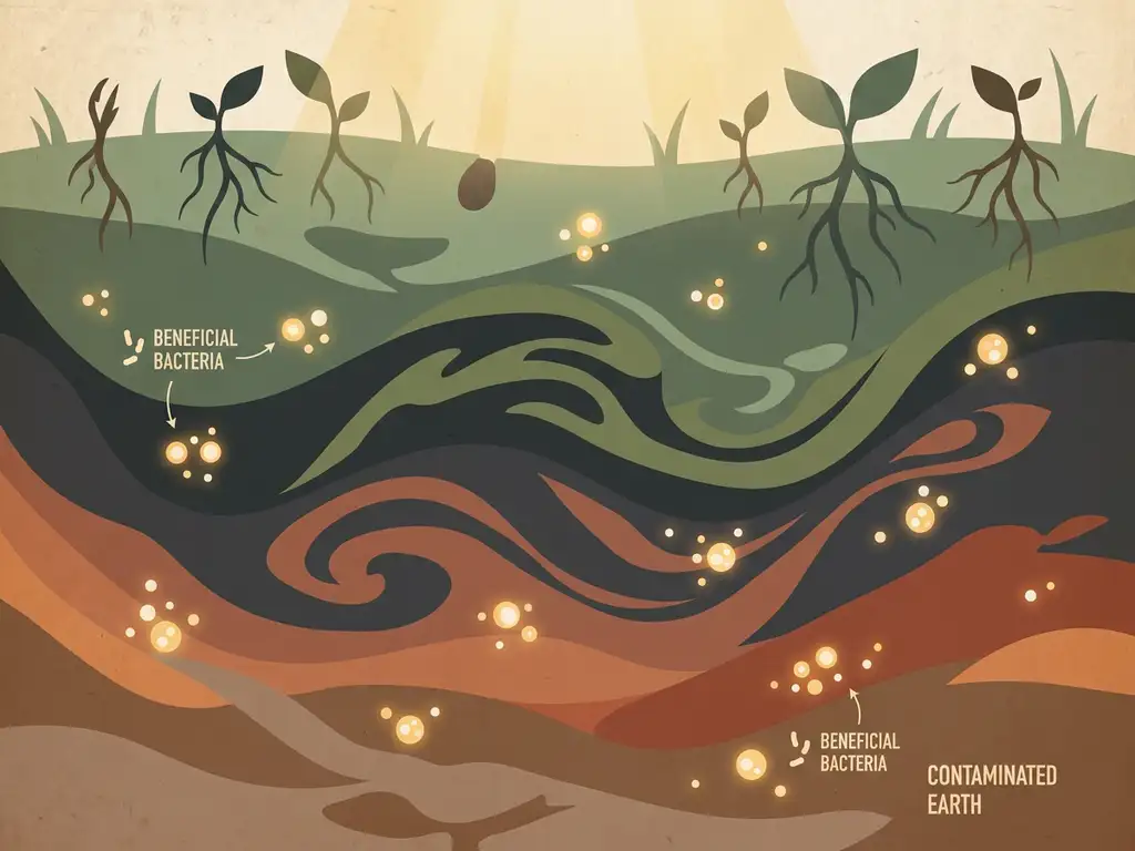 Contaminated brown soil cross-section transforming into healthy dark earth, with glowing bacterial colonies and re-emerging roots under warm light.