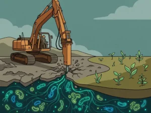 Excavator breaking contaminated grey soil as glowing microorganisms colonize the earth, with green shoots emerging from remediated ground nearby.