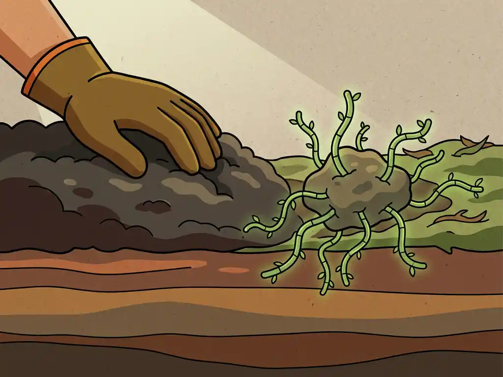 Gloved hand pressing into contaminated soil beside green microbial root structures breaking down layered earth in cross-section illustration.
