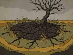 Dead tree with bare branches rising from cracked, contaminated soil surrounded by wilting yellowed grass and toxic residue seeping into earth layers.