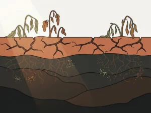 Cracked dry soil cross-section showing dark contaminated earth layers, wilted plants above, and microbial root-zone activity below.