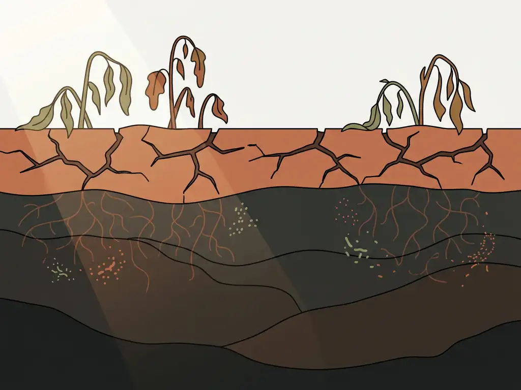 Cracked dry soil cross-section showing dark contaminated earth layers, wilted plants above, and microbial root-zone activity below.