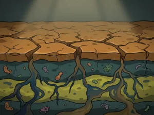 Cross-section of cracked dry soil with contaminated water seeping through dark earth layers containing microscopic microbial organisms.