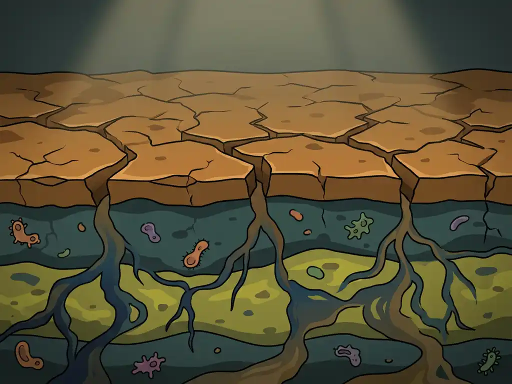 Cross-section of cracked dry soil with contaminated water seeping through dark earth layers containing microscopic microbial organisms.