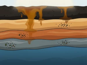 Cross-section of soil layers showing amber-brown contaminant plumes seeping from dark topsoil through sand and clay toward a deep blue groundwater aquifer.