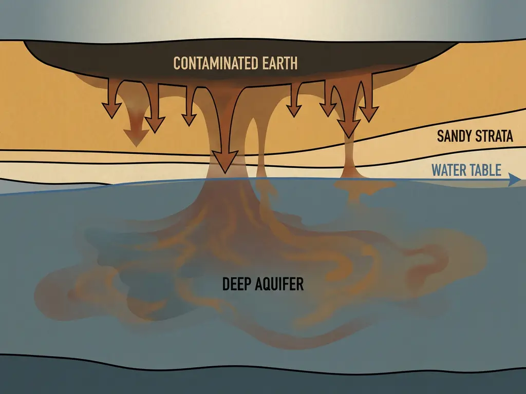 Cross-section diagram of soil contamination leaching rusty brown pollutants through sandy strata into an underground aquifer below.