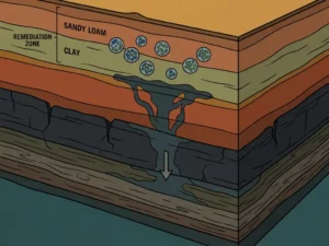 Cross-section of underground soil layers showing dark contamination seeping through sand, clay, and bedrock, with microbial clusters in the remediation zone above.