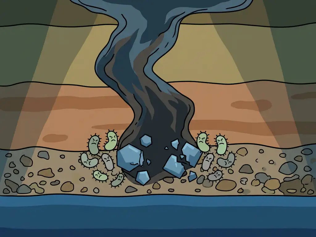 Cross-section of soil layers showing dark chemical contamination plume spreading toward a blue water table, with microbes clustered at the boundary breaking down solvent molecules.
