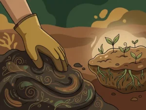Gloved hand pressing dark contaminated soil next to healthy earth with green roots, showing microbial activity in flat vector illustration style.