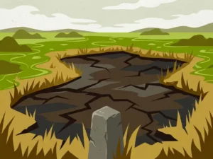Cracked, contaminated soil spreading from a property boundary marker, surrounded by dead yellowed grass contrasting with a healthy green field beyond.