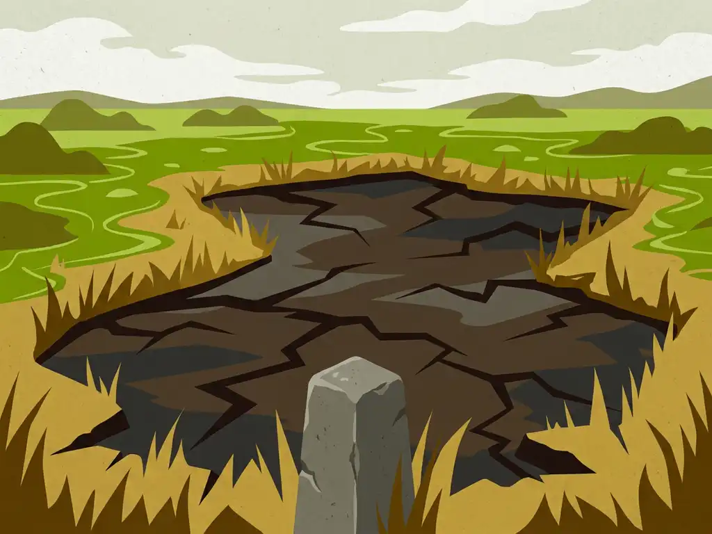 Cracked, contaminated soil spreading from a property boundary marker, surrounded by dead yellowed grass contrasting with a healthy green field beyond.