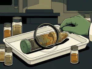 Gloved hand examining contaminated soil core sample with magnifying lens, surrounded by murky liquid vials on a laboratory tray.