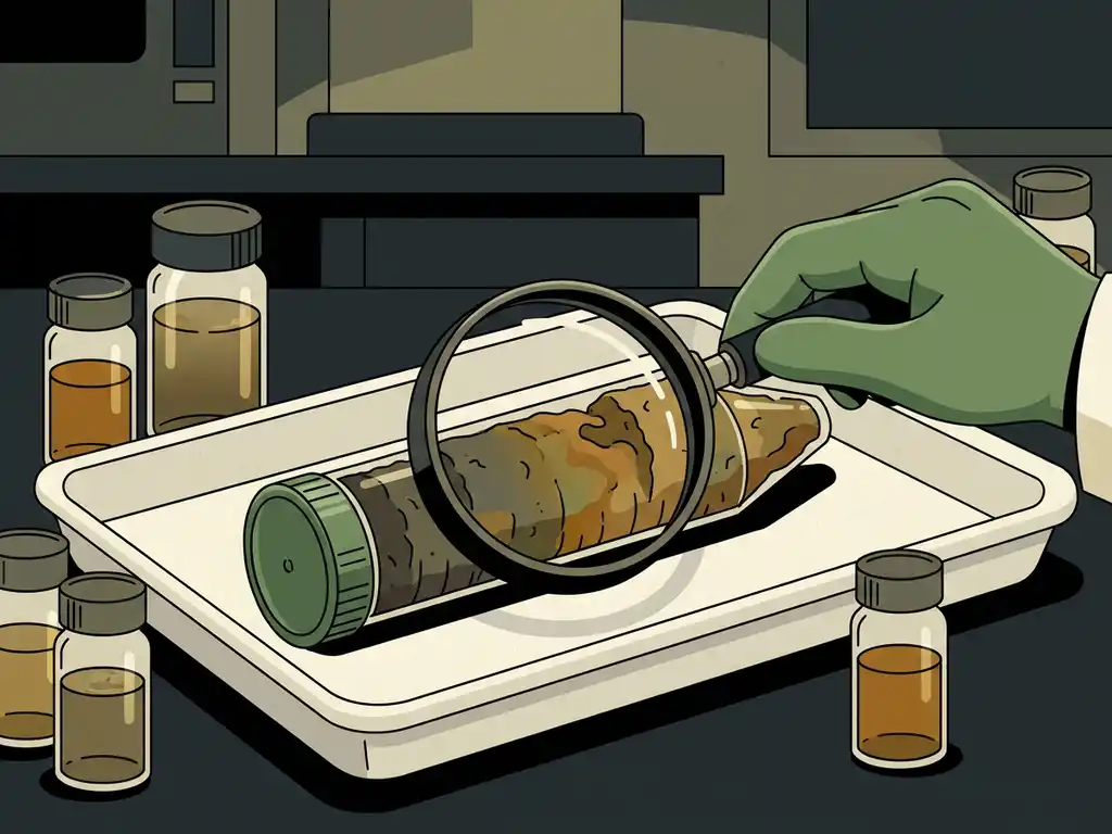 Gloved hand examining contaminated soil core sample with magnifying lens, surrounded by murky liquid vials on a laboratory tray.