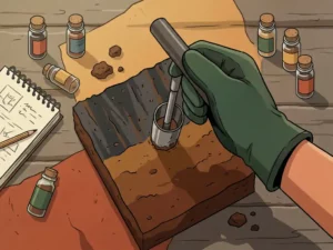 Gloved hand pressing a soil core sample into layered earth, showing contaminated dark strata transitioning to healthy brown soil, with field vials nearby.
