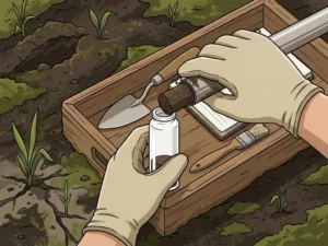 Gloved hand pressing a soil core sample into a glass vial on a field tray, surrounded by dark earth and green plant shoots.