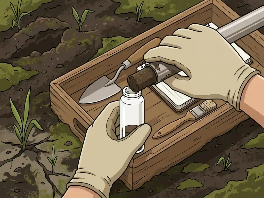 Gloved hand pressing a soil core sample into a glass vial on a field tray, surrounded by dark earth and green plant shoots.