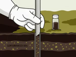 Gloved hand pressing a soil core sampling tube into dark layered earth, with a glass vial of extracted contaminated soil sample nearby.