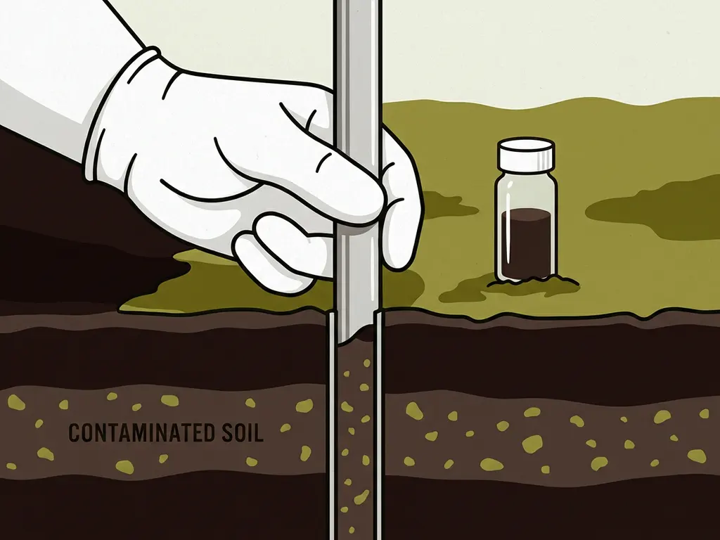 Gloved hand pressing a soil core sampling tube into dark layered earth, with a glass vial of extracted contaminated soil sample nearby.