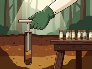 Gloved hand pressing a soil core sampling tube into layered earth, with glass vials of soil samples on a field table nearby.