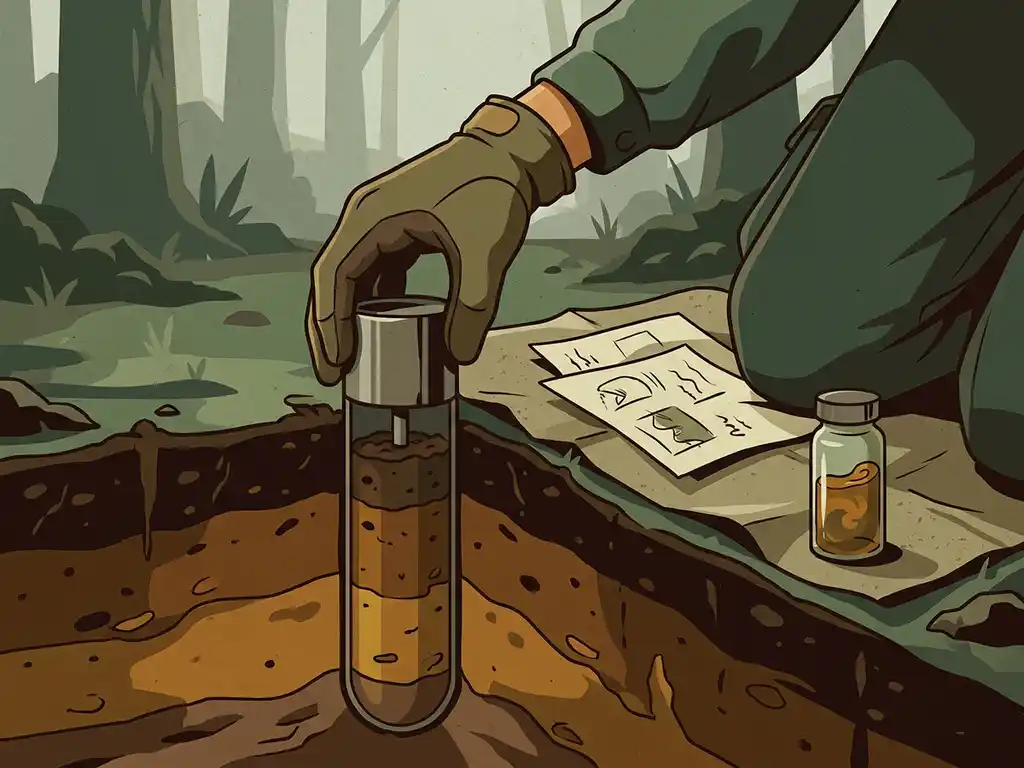 Gloved hand pressing a soil core sample tube into dark earth, with visible soil strata layers, field notes, and a liquid sample vial nearby.