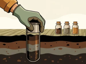 Gloved hand pressing a soil core sampling tube into layered earth, revealing brown and clay-grey strata, with glass sample vials nearby.