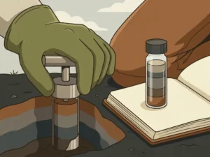 Gloved hand pressing a soil core sample tube into dark layered earth beside a glass sediment vial resting on a field notebook.
