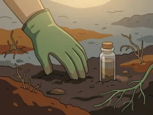 Gloved hand pressing into discolored rust-brown and ashy soil beside a glass vial of earth samples, with withered and healthy roots visible.