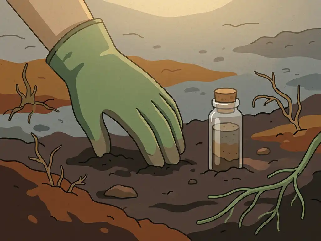 Gloved hand pressing into discolored rust-brown and ashy soil beside a glass vial of earth samples, with withered and healthy roots visible.