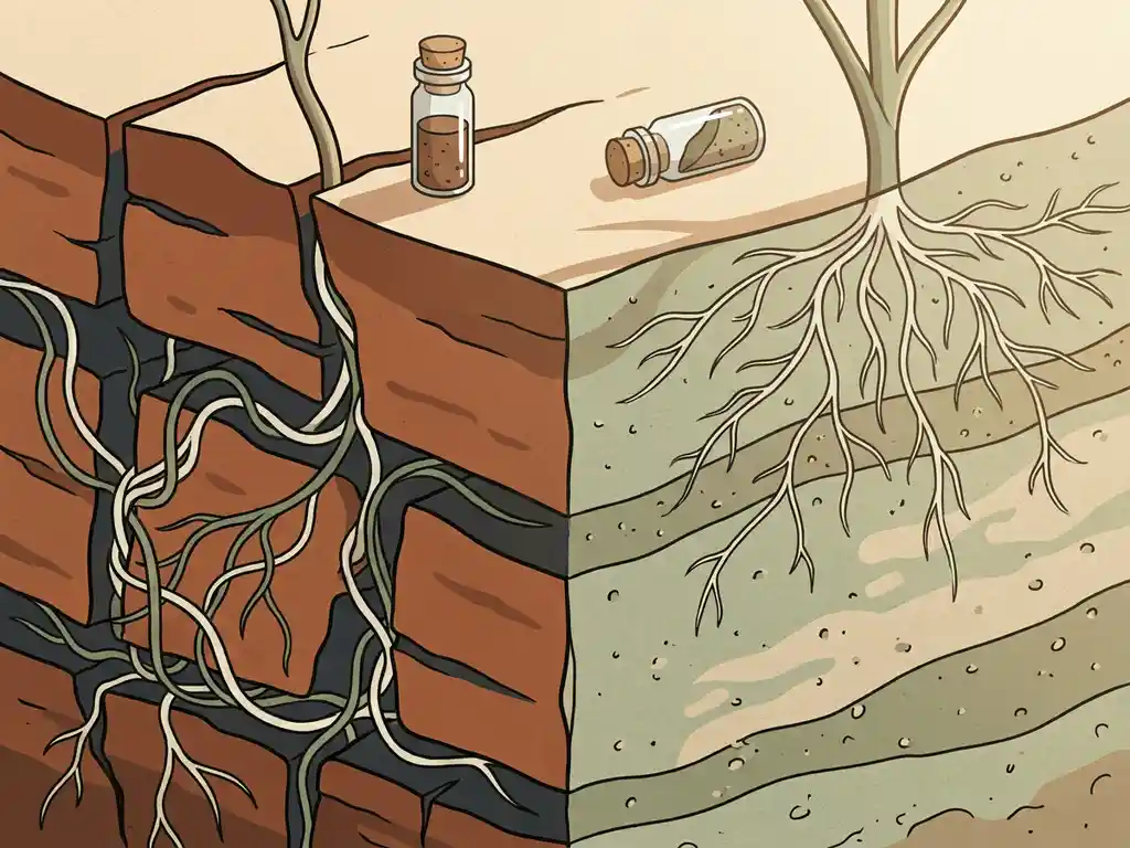 Cross-section illustration of dense clay and sandy loam soil layers with microbial root networks and glass soil sample vials on the surface.