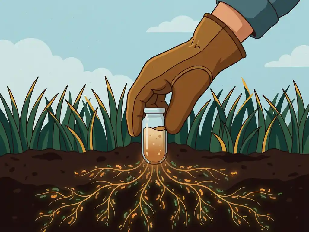Gloved hand injecting microbial liquid into rich soil, with illustrated microorganisms spreading through earth beneath sprouting green grass.