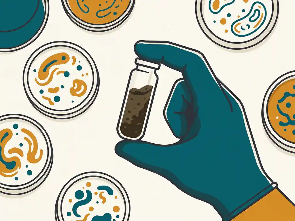 Gloved hand holding a vial of brown sludge surrounded by petri dishes with colorful microbial colonies on a laboratory bench.