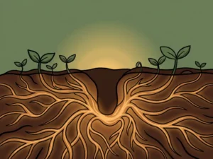 Cross-section of dark soil with glowing mycelium networks spreading underground beneath emerging green seedlings, flat vector illustration.
