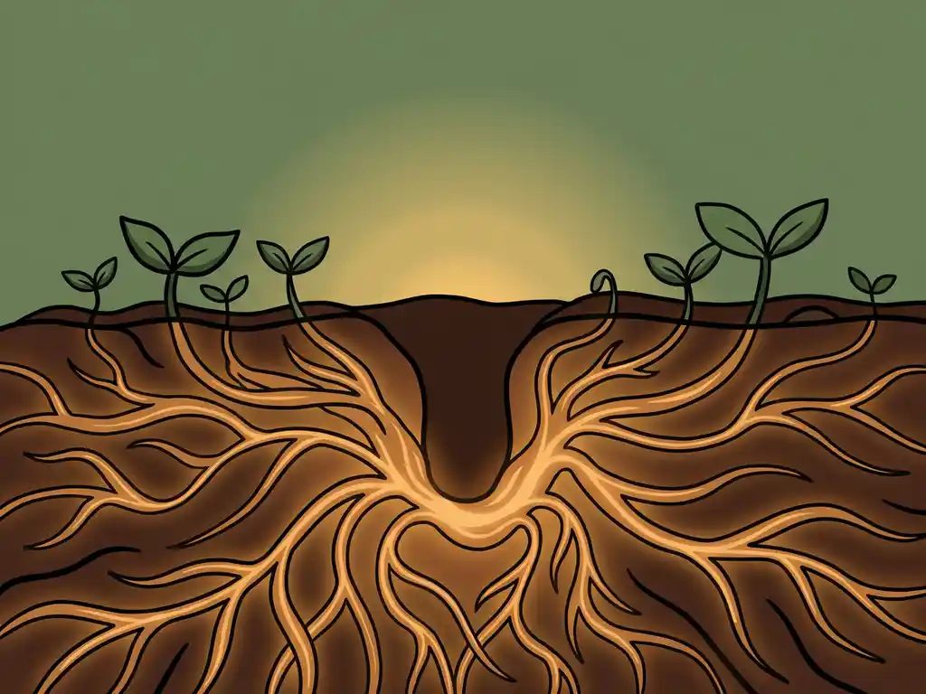 Cross-section of dark soil with glowing mycelium networks spreading underground beneath emerging green seedlings, flat vector illustration.